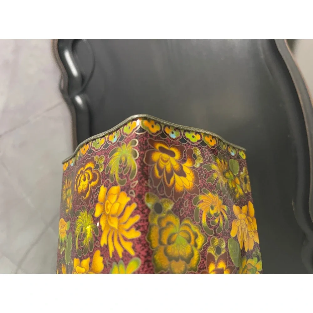 Vintage Daher Long Island NY Floral Tea Tin Made in England Burgundy Yellow 5in